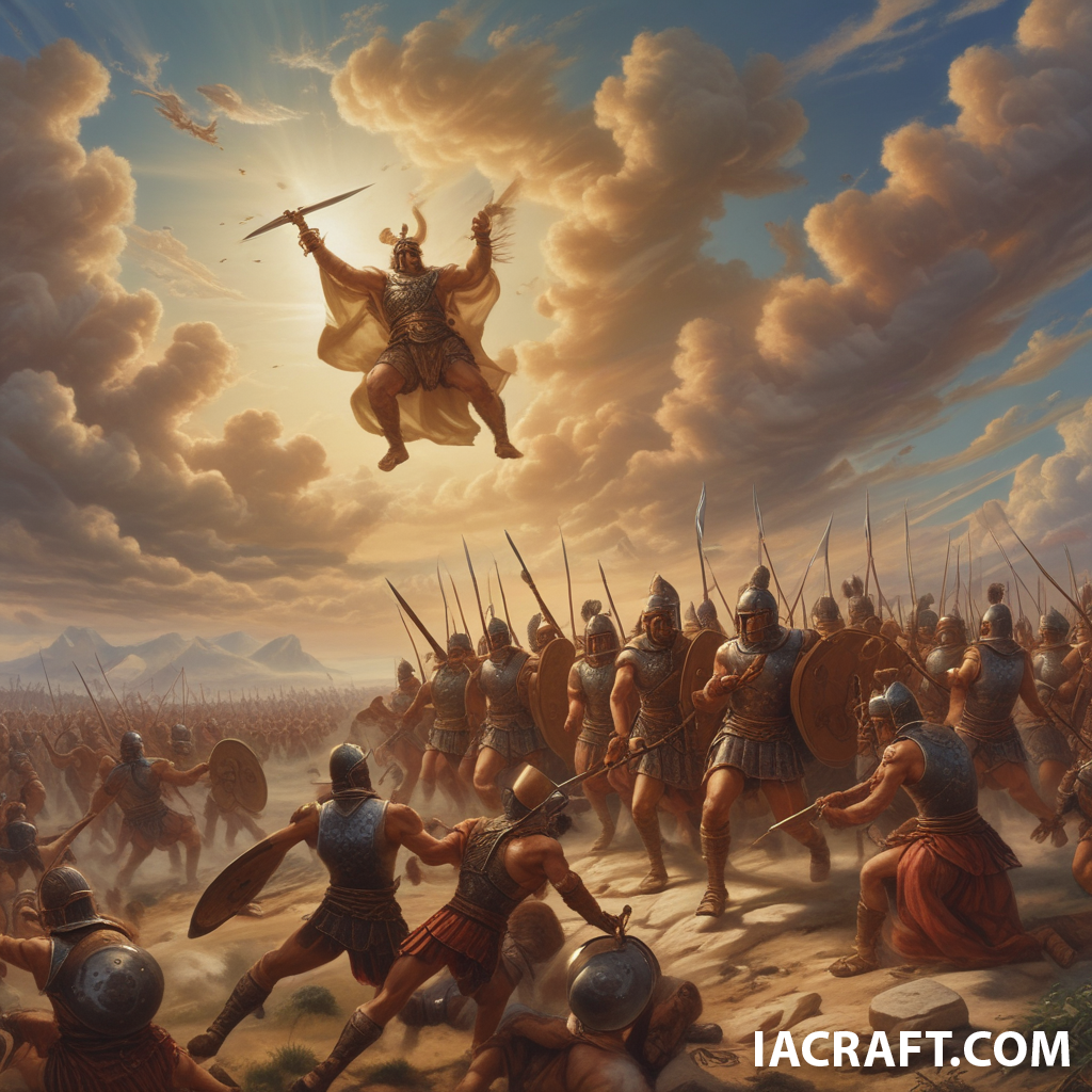 un groupe de guerriers de la guerre de Troie combattant dans le ciel