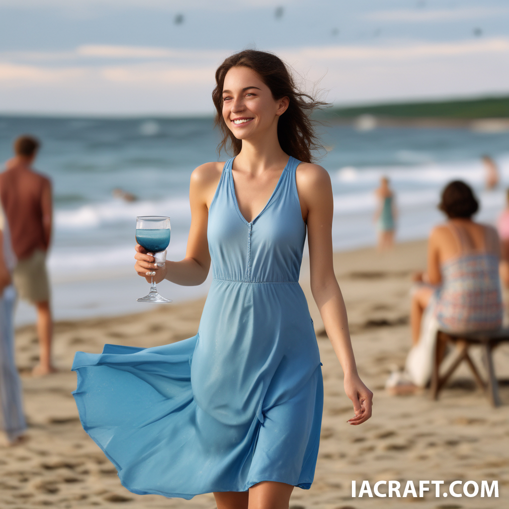 Une femme en robe et pieds nus, sur la plage, une verre de cocktail bleu à la main. Elle regarde les...