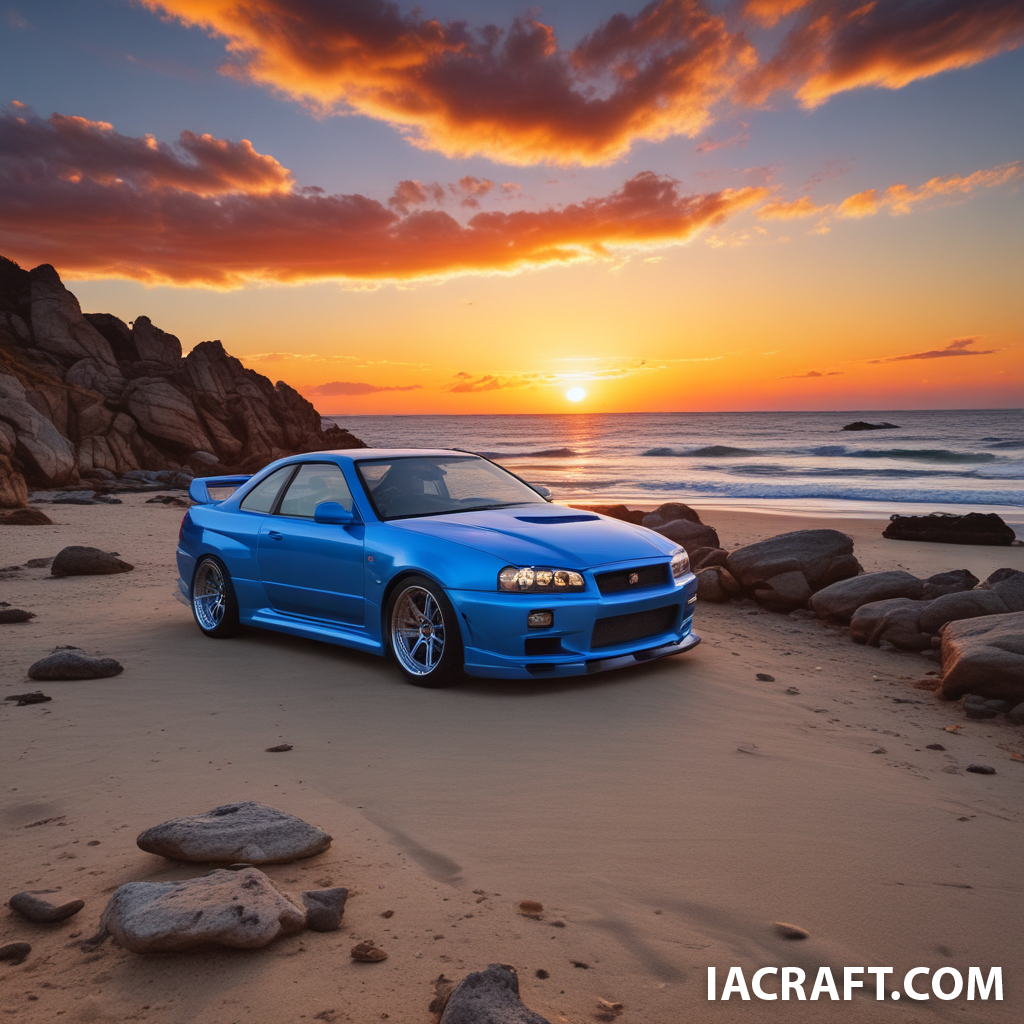Skyline r34 azul con plomo, en una playa en el atardecer con rocas, un sombrero en la playa y el sol...