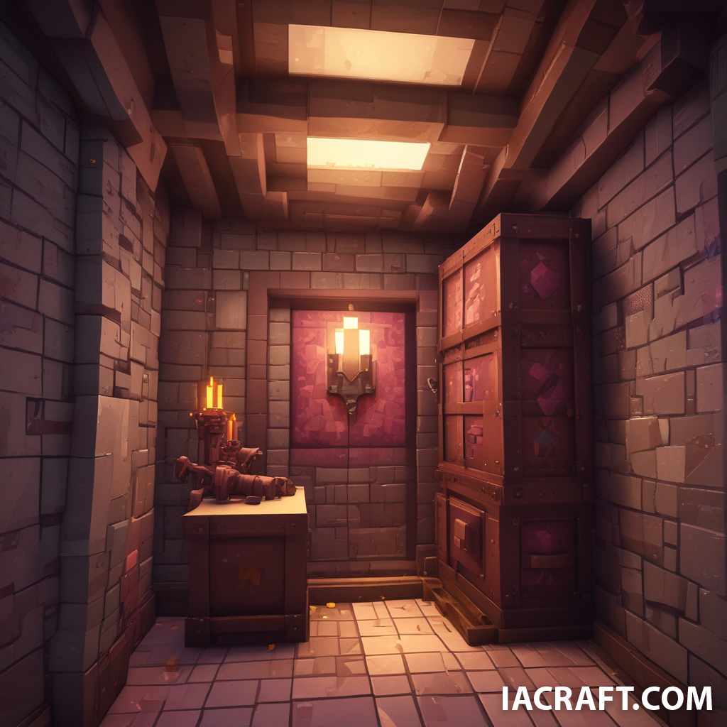 Hazme un diseño para un almacen de cofres, que sea al estilo del nether y end, minecraft
