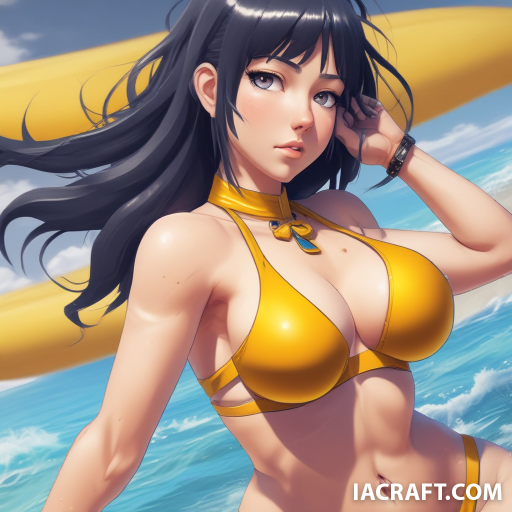 Hyper realistic image of hinata hyuga with massive boobs from naruto manga with golden bikini

