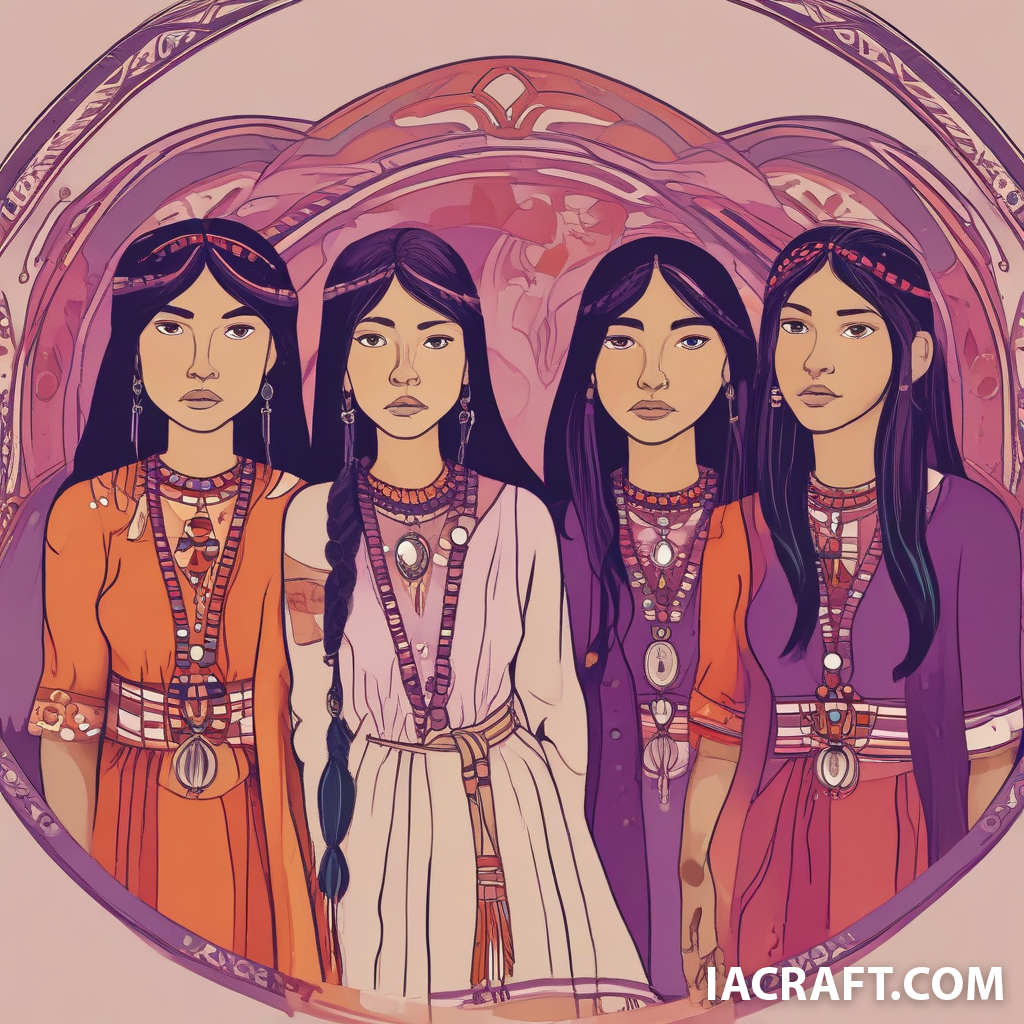cercle de femmes amerindiennes, couleurs chaudes et violine
